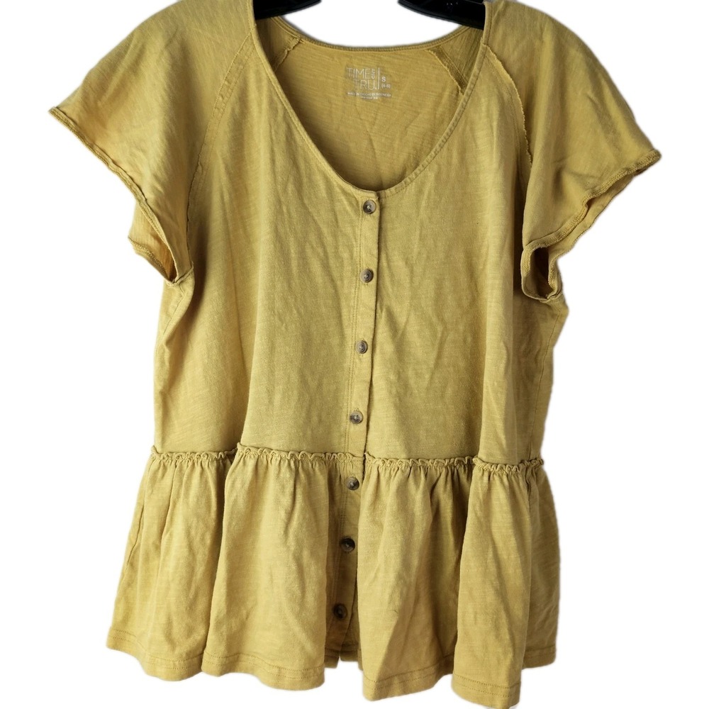 Time & Tru Women's Sz S 4–6 Yellow True Wrap Peplum Boho Short Sleeve Top Blouse